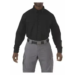 Men's tactical collared work shirt in black, made of polyester with a button front and long sleeves. Tall size provides extended length for active use. Suitable for security, law enforcement, and industrial applications requiring functional apparel.