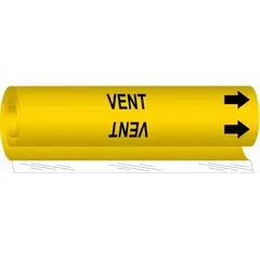 Yellow wrap-around pipe marker with black 'Vent' legend and directional arrows. Fits pipe outer diameters from 2-1/2 to 7-7/8 inches. Used to identify vent pipes in industrial piping systems, aiding in clear hazard communication and compliance with pipe-marking standards.
