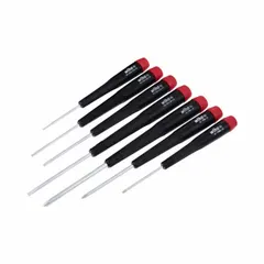 This 7-piece precision screwdriver set includes Phillips and slotted tip types with an ergonomic grip for comfortable handling. Suitable for delicate assembly and repair work on electronics, instruments, and small machinery, the set provides precise torque control for tasks such as adjusting terminals and circuit boards.
