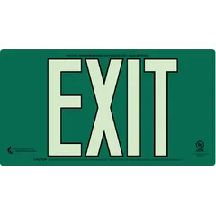 This glow-in-the-dark exit sign is made of aluminum and printed on one side. It is not retroreflective and has a nominal size of 8 1/2 x 15 1/4 inches. Suitable for marking emergency exits in commercial and industrial settings.