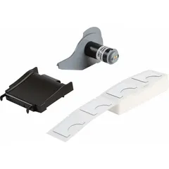 Polyester, white gloss precut label roll for raised panel identification. Each label measures 1 19/64 in x 1 19/64 in, with 50 labels per roll. Compatible with BMP71 printer series. Suitable for marking panels, cables, and components in industrial settings.