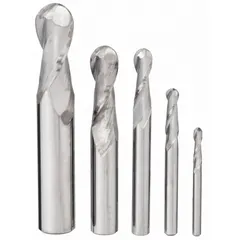 This 5-piece set of solid carbide ball end mills features 2 flutes and mill diameters from 1/8" to 1/2". The ball nose design enables contouring, slotting, profiling, and 3D surface finishing on ferrous and non-ferrous materials. Suitable for CNC and manual milling machines in mold making, die work, and general machining applications.