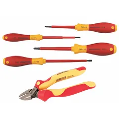 This 5-piece tool-only set includes two Phillips screwdrivers and one diagonal-cutting pliers, all insulated for electrical work. Suitable for tasks on live circuits up to 1000 V AC, it provides essential tools for electricians and maintenance technicians requiring protection against electric shock.