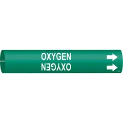 This pipe marker identifies oxygen lines in industrial piping systems. It features a green background with white legend text and includes directional arrows. Designed to snap onto pipes with an outer diameter of 4 to 6 inches. Suitable for use in facilities requiring clear identification of oxygen service lines.