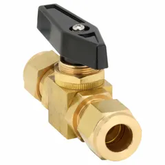 This panel-mount brass ball valve features a straight body with 1/2 in compression x compression end connections and a wedge handle. It is used to start, stop, or redirect flow in industrial piping systems for water, air, and oil lines.