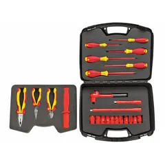 This 24-piece tool set includes sockets, accessories, diagonal-cutting pliers, a knife, and three slotted screwdrivers, all housed in a tool case. Designed for electrical maintenance and repair tasks where protection against live circuits is required.