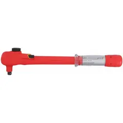 This insulated micrometer torque wrench features a 3/8 in drive and a torque range of 5 N-m to 50 N-m with increments of 1 ft-lb / 0.5 N-m. It is designed for precision tightening of fasteners in applications requiring controlled torque and electrical insulation. Torque is measured in Newton-Meters.