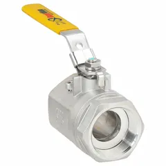 This 2-inch, 316 stainless steel ball valve features a straight, two-piece valve body and a locking lever handle for secure manual operation. It is used for on/off flow control in industrial piping systems, including process lines, water treatment, and chemical handling applications.