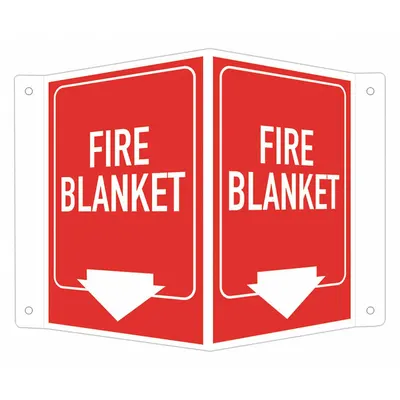 LYLE Fire Sign: Aluminum, Mounting Holes Sign Mounting, 6 in x 7 1/2 in Nominal Sign Size - V-Shape Projection Fire Blanket (W Down Arrow) Signs