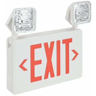 OEM Exit Sign with Emergency Lights: White, 2 Faces, Red, LED, Ceiling/Wall - Plastic Exit Signs with Square Side-Mount Light Heads