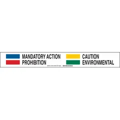 Aluminum sign slider insert with white background and yellow legend text indicating mandatory action, caution, prohibition, and environmental warnings. Measures 3 in x 23-7/8 in, not retroreflective. Used in sign sliders for easy legend changes in industrial facilities.