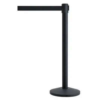 QUEUEWAY Barrier Post with Belt: Black, No Pattern, No Legend, 7 1/2 ft Belt Lg - Solid-Color Retractable Belt Post Barriers