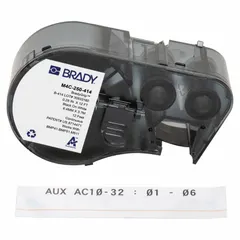 Continuous label roll cartridge for M511 printer series. Polyester material with black-on-white print. Removable and repositionable adhesive allows temporary or adjustable placement. Suitable for industrial identification, cable marking, and asset labeling.