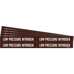 Adhesive pipe marker with brown background and white legend reading 'Low Pressure Nitrogen'. Fits pipe outer diameters from 3/4 to 2-3/8 inches. Supplied without arrows. Sold in a 5-pack. Used for identifying low-pressure nitrogen piping in industrial facilities.