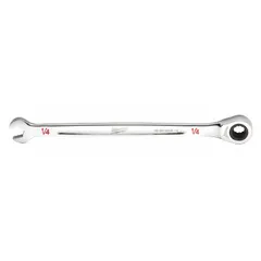 This SAE 12-point ratcheting combination wrench has a 1/4 in head size and a chrome finish. It is made from chrome vanadium steel for corrosion resistance. The ratcheting box end allows use in confined spaces where a full swing arc is not possible.