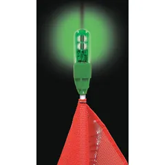 Green LED flashing light rated 2.4 to 12 W with dimensions of 3/4 in height and 1 in width. Used on fleet vehicles for high-visibility warning in construction, mining, and utility operations.
