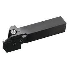 This indexable toolholder is designed for external grooving, cutoff, and turning operations on CNC lathes and manual machines. It features a 25 mm x 25 mm shank, accepts 5 mm wide inserts with a 25 mm cutting depth, and uses a top clamp locking mechanism for secure insert retention.