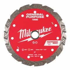 6 in diameter diamond blade for masonry saws. Turbo rim design for use in wet or dry cutting of block, brick, concrete, pavers, and roof tile.
