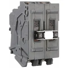 Two-pole miniature circuit breaker rated 40 A at 120/240V AC with a 10 kA interrupting capacity. Measures 2 inches wide. Provides overcurrent protection in electrical distribution panels.