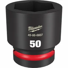 This 1" drive impact socket is designed for use with impact tools in industrial fastening applications. It features a 50 mm metric size, 6-point configuration, and a friction ring for secure retention. The black phosphate finish provides corrosion resistance. Typical applications include heavy equipment assembly, structural steel erection, and maintenance tasks requiring high torque.