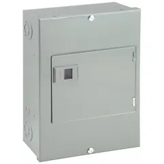 Indoor main lug load center rated 100A at 120/240V AC, single-phase, with a 10kA short-circuit current rating. Provides 8 spaces and accepts up to 8 tandem breakers for branch circuit distribution. Includes a surface-mount cover.