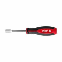 This MILWAUKEE nut driver features a HollowCore™ pass-through design for working over long threaded rods or studs. It is a straight, standard-length tool for SAE hex fasteners, without a magnetized tip. Suitable for driving and removing nuts and bolts in electrical, mechanical, and general maintenance tasks.