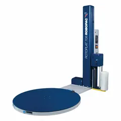 Semi-automatic stretch wrap turntable for wrapping palletized loads up to 48 inches in length. Capable of wrapping up to 30 loads per hour, this machine is used in industrial packaging operations to secure products with stretch film for improved load stability during storage and transport.