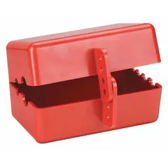 Red polystyrene encasing lockout for 3-prong plugs up to 3 1/2 in diameter and cords up to 3/8 in diameter. Rated for 110/220/550V AC. Physically isolates plug connections during maintenance to support lockout/tagout procedures in industrial electrical systems.