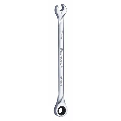 WESTWARD Combination Wrench: Alloy Steel, Chrome, 7 mm Head Size, 5 1/2 in Overall Lg - Metric 12-Point Ratcheting Combination Wrenches
