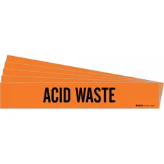 Orange adhesive pipe marker with black 'Acid Waste' legend, designed for pipe outer diameters from 2-1/2 to 7-7/8 inches. Each pack contains 5 markers without directional arrows, used to identify piping systems carrying acidic waste in industrial facilities.