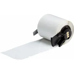 Precut label roll for industrial identification and asset tracking. White matte vinyl material resists abrasion and chemicals. Each label measures 1 in x 1 29/32 in, width 1 7/8 in. Compatible with BMP71 printer; requires M61-R4310 ribbon. 250 labels per roll.