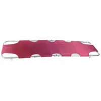 Folding stretcher with a red aluminum frame and polypropylene buckle straps. Maximum weight capacity 350 lb, dimensions 73 in L x 18 in W. Foldable design for compact storage. Used for patient transport and emergency medical handling
