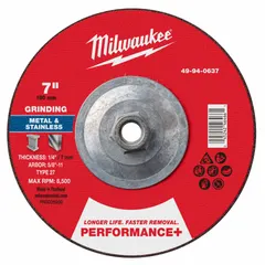 This MILWAUKEE grinding wheel is a Type 27 depressed-center wheel with dimensions 7" x 1/4" x 5/8"-11. It features zirconia alumina abrasive with 24 grit, designed for high-performance grinding on carbon and stainless steel. Suitable for metal fabrication, weld preparation, and surface blending in maintenance and repair tasks.