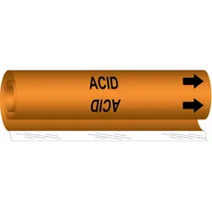 Orange wrap-around pipe marker with black legend reading 'Acid' and directional arrows. Fits pipe outer diameters from 1/2 to 1-3/8 inches. Used to identify pipes carrying acid in industrial facilities for hazard communication and compliance with pipe-marking standards.