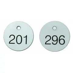 Round plastic valve tags with engraved black numbers on white background. Each tag measures 1-1/8 inches in diameter and 0.065 inches thick. This 100-pack includes numbers 101 through 200 for sequential identification of valves, pipes, and equipment in industrial facilities.