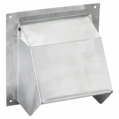 Round wall cap for terminating 6-inch round exhaust ducts through exterior walls. Made of 21-gauge aluminum with a silver finish and press-fit connection. Includes a built-in backdraft damper to prevent outside air entry and a screen to block pests. Suitable for ventilation systems in commercial or industrial buildings.