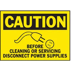 This caution sign is made of polyester with adhesive mounting for indoor use. It measures 3 1/2 in x 5 in nominal size, 0.01 in thick, and is supplied in a 5-pack. The sign is not retroreflective or glow-in-the-dark, suitable for marking hazards or safety instructions in industrial environments.