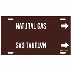 This snap-on pipe marker identifies natural gas lines. It fits pipe outer diameters of 10 to 15 inches and features a brown background with white legend text and directional arrows. Suitable for industrial piping systems requiring clear line identification.