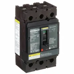250 A, 3-pole molded case circuit breaker from the JG series for I-Line panelboards. Features fixed instantaneous trip, line/load lug terminals, and ABC phase connection. Maximum AIR rating of 65kA at 240V AC. Suitable for overload and short-circuit protection in power distribution systems.