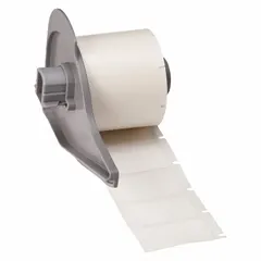 Precut label roll for use with M710 printer series. Labels are 1 1/2 in x 3/4 in, made of polyester with permanent adhesive. Suitable for industrial identification and labeling tasks such as asset tagging, cable marking, and safety labeling.