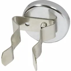Round cup ceramic magnet with a steel encasement and clip, 0.28 in thick and 1 13/32 in outside diameter. Provides a maximum pull force of 11 lbf. Suitable for light-duty holding, fixturing, or temporary part retention in industrial environments.