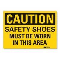 Adhesive-mount sign with engineer-grade retroreflective sheeting for wall mounting. Indicates mandatory safety shoe use in designated areas. Suitable for industrial facilities, warehouses, and manufacturing plants