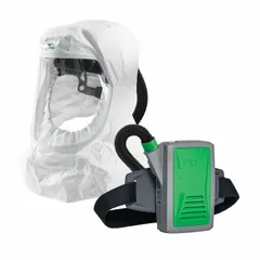 This T200 series loose-fitting, belt-mounted powered air-purifying respirator (PAPR) system includes a full hood with internal face seal, air duct/head harness assembly, and PX5 PAPR assembly. It is used for respiratory protection in abrasive blasting and other industrial environments where airborne contaminants are present.