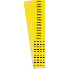 Yellow adhesive pipe markers with black legend reading 'Peroxide' and directional arrows. Each pack contains 5 markers, with 3 markers per pack, designed for pipes with outer diameter of 3/4 inch and smaller. Used to identify piping systems carrying peroxide in industrial facilities for safety and compliance.